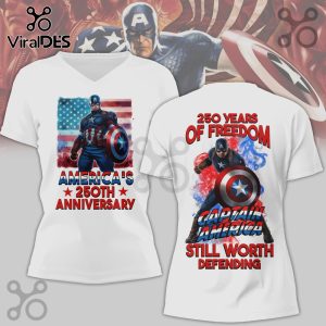 White tee with Captain America graphic, stars and stripes, reads 