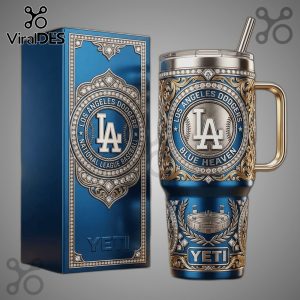 Los Angeles Dodgers YETI tumbler and box set. Blue, gold, and silver ornate design with baseball imagery.!