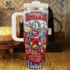 Ultraman 60th Anniversary travel mug! Red, silver, custom 'Richard' text, building design, 1966-2026 date, stainless steel!