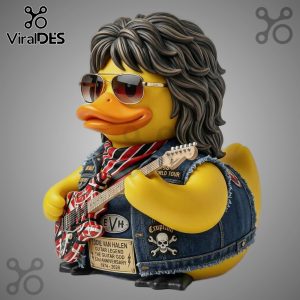 Yellow rubber duck with Eddie Van Halen tribute design, featuring a guitar and denim vest.!