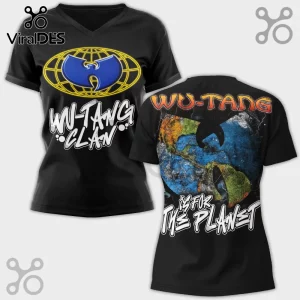 Black Wu-Tang Clan tee! Features blue/yellow logo, 'Wu-Tang Clan' text, and earth graphic with 'Wu-Tang is for the planet' text!