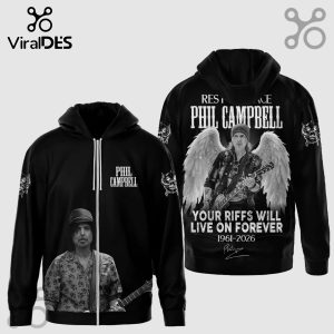 Black zip hoodie with Phil Campbell memorial design. Text: REST PEACE PHIL CAMPBELL, YOUR RIFFS WILL LIVE ON FOREVER 1961-2026!
