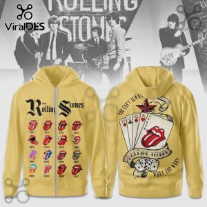 Yellow Rolling Stones hoodie. Band logos, poker cards, dice. Text: You can't always get what you want!