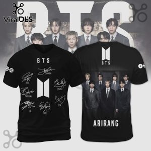 Black BTS tee with member signatures, logo. Back shows band photo and 'ARIRANG' text. K-Pop fashion!