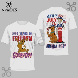 White tees with Scooby-Doo, Fred, 4th of July, AMERICA 250TH, FREEDOM text in red, white, blue cartoon design!