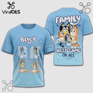 Light blue t-shirt featuring Bluey characters, 'Family is the best game of all' text, and character photo squares.!