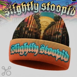 Orange beanie with 'Slightly Stoopid' text. Palm trees, skull sun, colorful surf rock style!