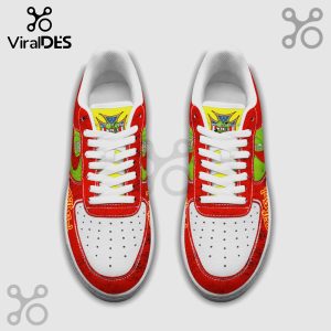 Red cartoon custom sneakers! Features yellow accents, green lizard graphic, and white laces!