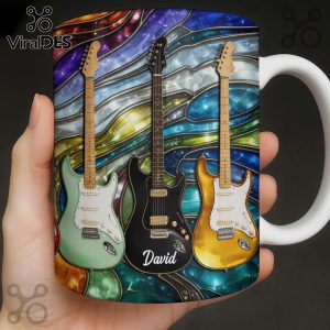 Guitar mug! Features 3 guitars, stained glass design, 'David' text, in green, black, gold colors!