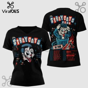 Black The Stray Cats 2026 Tour tee! Features retro cartoon cat graphic with tour dates. Rockabilly style!