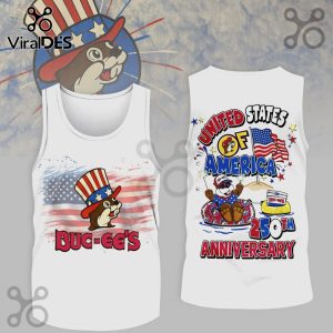 White tank top: Buc-ee's 250th Anniversary design, red, white, blue, US flag. Text: Buc-ee's, United States of America, 250th Anniversary!