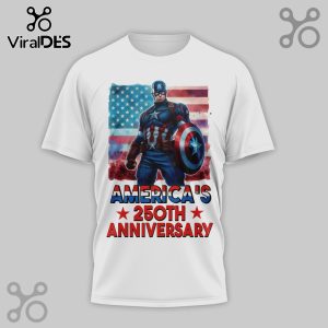 White tee: Captain America with the American flag and 'AMERICA'S 250TH ANNIVERSARY' text in red, white, and blue!