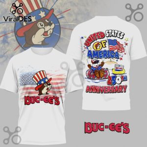 White tee: Buc-ee's beaver in red, white, blue patriotic designs. Reads 'United States of America' and '250th Anniversary'!