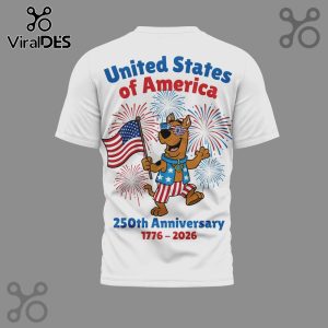White tee: Scooby Doo United States of America 250th Anniversary design! Red, white, blue fireworks, American flag graphic!