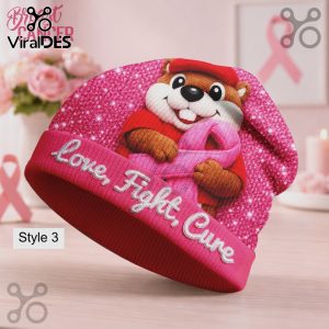 Pink beanie with beaver graphic holding a breast cancer ribbon. Text: Love, Fight, Cure!