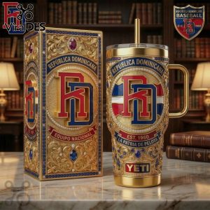 Gold tumbler and box feature 'Republica Dominicana' with red/blue logo. Text: Equipo Nacional, La Patria de Pelota, Est 1960!
