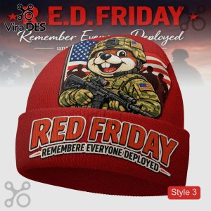 Red beanie with 'RED FRIDAY REMEMBERE EVERYONE DEPLOYED' and cartoon soldier. Military style!