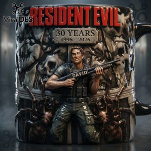 Resident Evil mug: red title, 30 Years 1996-2026. Character 'David' with shotgun, spiders, skulls. Gray tones, 3D sculpted style!