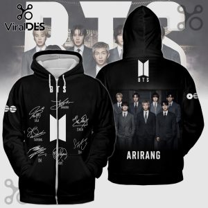 Black BTS hoodie featuring member signatures, group photo, and 'ARIRANG' text in white, fan merch!