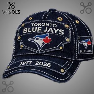 Toronto Blue Jays denim cap with team logo, maple leaf, and '1977-2026' text.!