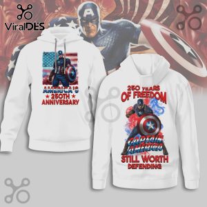 White hoodies with Captain America and US flag design! Reads 'America's 250th Anniversary' and '250 Years of Freedom'.!