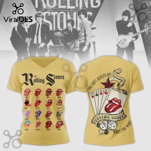 Gold Rolling Stones V-neck tee! Band logos: 1971, 1972, 1973, 1974, 1981, 1989, 1994, 1997, 2002, 2005, 2017!
