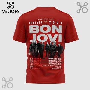 Red Bon Jovi Tee: Band Photo, Forever Tour, Dates/Locations. Retro design!