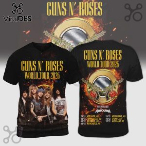 Guns N' Roses World Tour 2026 shirt featuring band member photos and tour dates.!