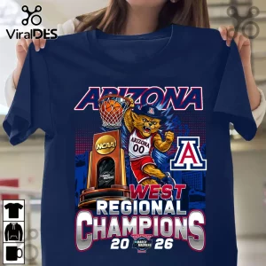 Navy tee: Arizona West Regional Champions 2026! Cartoon wildcat, NCAA trophy, school logo. Red, white, blue graphics!