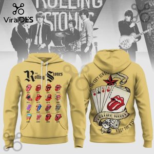 Yellow hoodie with The Rolling Stones logos! Features lips and tongue designs by year, and playing card graphics on the back!