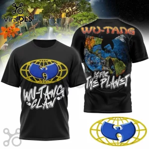 Black Wu-Tang Clan tee! Blue logo with gold globe. Text reads: Wu-Tang Clan and is for the planet!