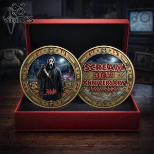 Gold Scream coins in red box: Ghostface, knife, blood. Text: SCREAM 30th ANNIVERSARY 1996-2026!