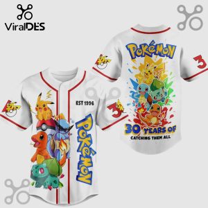 White baseball jersey: Pokemon, Pikachu, Charmander, 30 Years of Catching Them All!