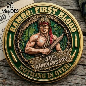 Rambo 45th Anniversary coin! Gold, green, brown. Reads: RAMBO: FIRST BLOOD 1982-2027, 45th ANNIVERSARY, NOTHING IS OVER!