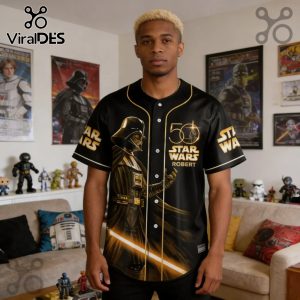 Black Star Wars baseball jersey w/ Darth Vader, '50 Star Wars Robert' in gold print!