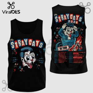 Black Stray Cats tank top: cartoon cat, 'The Stray Cats 2026,' tour dates, red/blue/white color scheme!