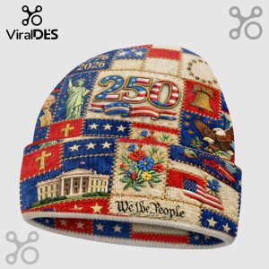 Patriotic beanie: American flag, eagle, Liberty Bell, White House, 'We the People' text, stars and stripes, blue/red/white color scheme!