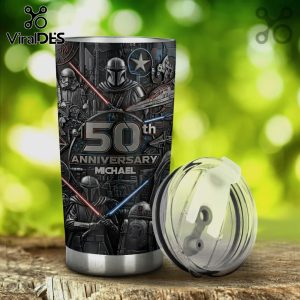Customizable 50th anniversary tumbler with Star Wars characters and lightsabers.!