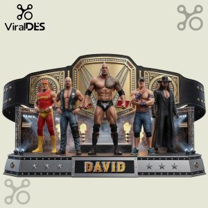 Wrestling champion statue featuring Hulk Hogan, Stone Cold, The Rock, John Cena, and The Undertaker; reads DAVID!