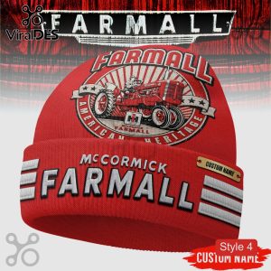 Red beanie: FARMALL, MCCORMICK. Tractor graphic. American Heritage text. Customize the name!