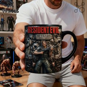 Black mug featuring Resident Evil, 30 Years 1996-2026 design! Game themed merch!