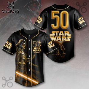 Black baseball jersey with Darth Vader & Star Wars design, gold accents, text '50, STAR WARS, ROBERT'.!