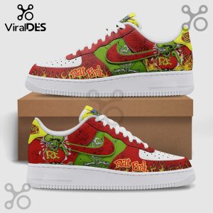 Red, green, yellow custom sneakers with Rat Fink cartoon art and text: Rat Fink!