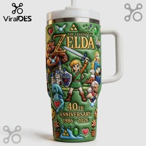 Green Legend of Zelda 40th Anniversary tumbler! 1986-2026 text, Zelda game characters, retro style!
