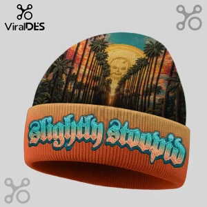 Beanie: palm trees, skull-sun, & 'Slightly Stoopid' text. Orange, yellow, blue, & green tones!