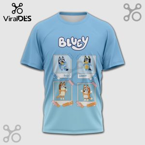 Blue t-shirt with Bluey characters: Bluey, Bandit, Chilli, and Bingo in polaroid frames with their names. Bluey logo on top.!
