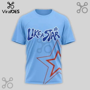 Blue tee, 'Like A Star' graphic. Red star outline design. Cool vibe!