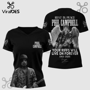 Black tee: Phil Campbell RIP wings graphic. Reads: 'Phil Campbell, Your riffs will live on forever 1961-2026'. Rock style!