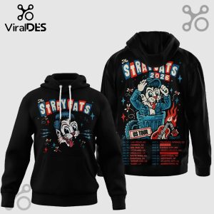 Black hoodie. The Stray Cats 2026 US Tour dates. Cartoon cat art. Retro rockabilly style in red, white, and blue!