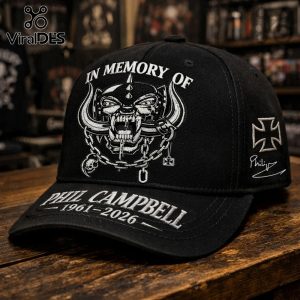 Black cap featuring Phil Campbell In Memory Of, plus skull and cross design! Cool hat!